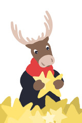 Cute deer with a Christmas star  in his hands.  Christmas deer among the stars