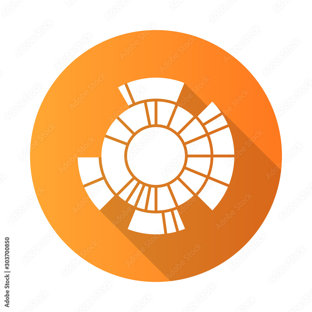 Sticker Sunburst diagram orange flat design long shadow glyph icon. Radial chart. Round information presentation graph. Data connection visualization. Business model. Report. Vector silhouette illustration