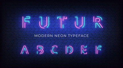 Neon light alphabet font. Glowing neon illuminated 3d modern typeface. Letters a, b, c, d, e, f