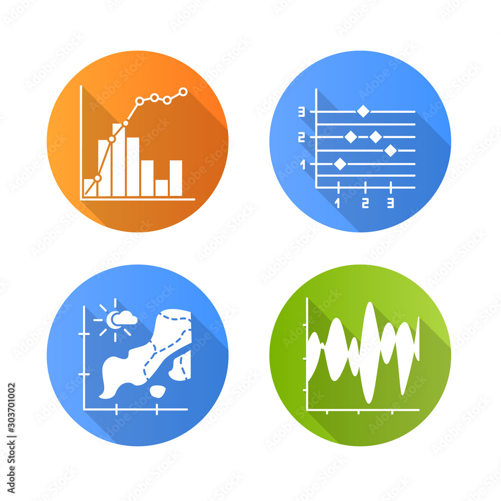 Poster chart and graph flat design long shadow glyph icons set. temperature map. point and figure chart. mi