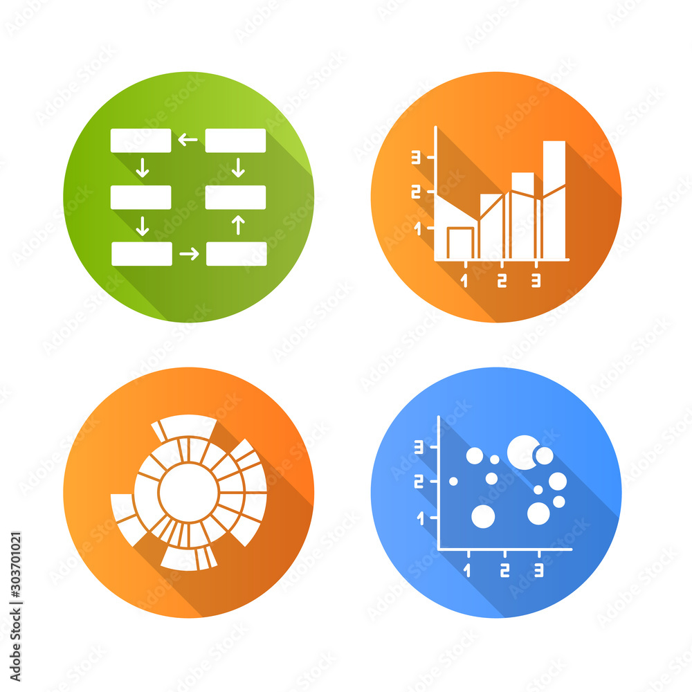 Poster chart and graph flat design long shadow glyph icons set. data connection, wiring. progress stages. m