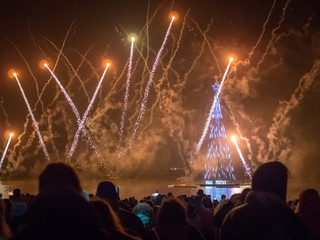 SAO MARTINHO DO PORTO, PORTUGAL - JAN 01, 2019: People celebrating new year in Sao Martinho do Porto bay, Alcobaça, Portugal