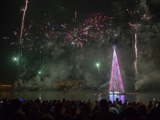 SAO MARTINHO DO PORTO, PORTUGAL - JAN 01, 2019: People celebrating new year in Sao Martinho do Porto bay, Alcobaça, Portugal