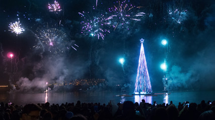 SAO MARTINHO DO PORTO, PORTUGAL - JAN 01, 2019: People celebrating new year in Sao Martinho do Porto bay, Alcobaça, Portugal