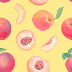 Hand drawn bright fruits seamless pattern. Realistic drawing with acrylic paint. Peach fruits, whole, leaves, cut and slice of peaches on yellow background. Botanical wallpapers. Healthy Organic foods