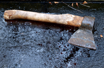 Autumn with an ax. A vintage working working ax with a birch handle, rust and notches lies on the ice surface.