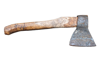 Vintage work ax with birch handle, rust and notches .Isolated on a white background.