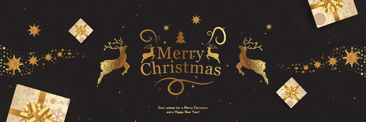 Fototapeta na wymiar Merry Christmas and Happy New Year. Greeting card with inscription and Deer with gifts, bows and ribbons on a black background. Flat vector illustration EPS10