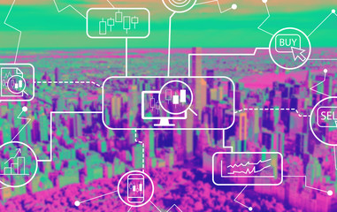 Stock trading theme with aerial view of central park and midtown Manhattan
