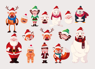 set of icons christmas with santa claus and animals