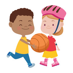 cute little kids playing basketball and skates characters