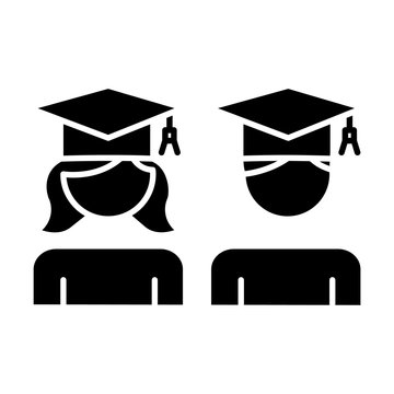 Education gender equality glyph icon. College students. University graduates. Girl, boy studying in school. Female, male human rights. Silhouette symbol. Negative space. Vector isolated illustration