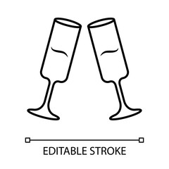 Two clinking champagne glasses linear icon. Glassfuls of alcohol drink. Wine service. Celebration. Cheers. Thin line illustration. Contour symbol. Vector isolated outline drawing. Editable stroke