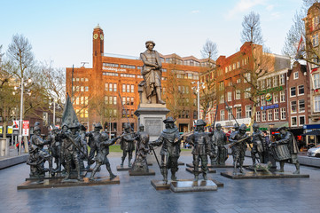 Monument to Rembrandt and sculptures of his picture "Night watch'' at Rembrandtplein in Amsterdam © starush