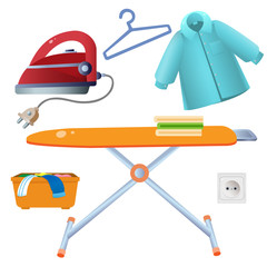 Color images of red iron with ironing board on white background. Electrical goods and household equipment. Vector illustration set.