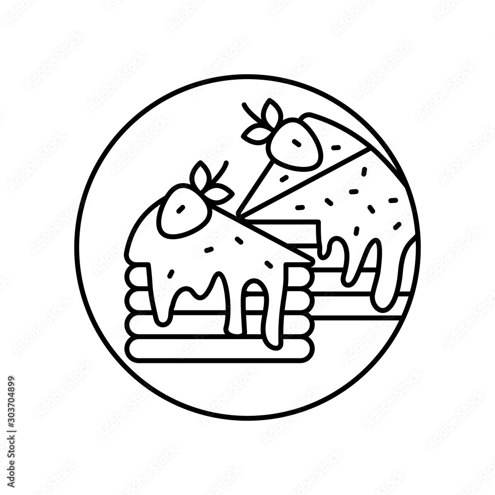 Poster cake piece strawberry glaze sprinkling in circle icon. simple line, outline vector of bakery icons f