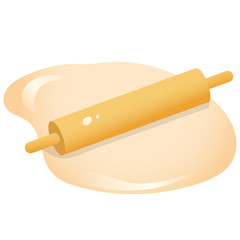 Color image of dough with rolling pin on white background. Food and meals. Kitchen and cooking. Vector illustration.