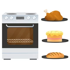 Foto op Plexiglas Color image of electric oven or stove with platters of fried chicken, of cake and bread on white background. Kitchen and cooking. Household equipment. Vector illustration set. © oleon17