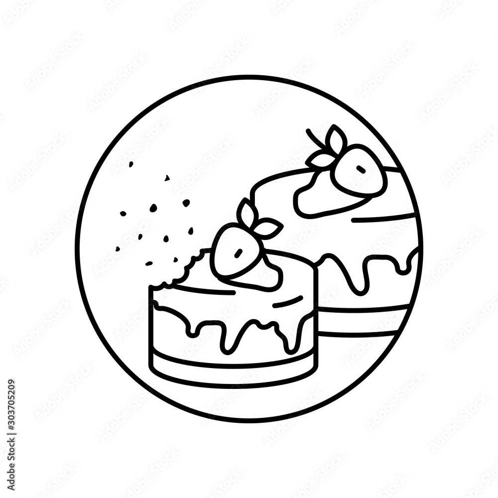 Poster dessert cake strawberries glaze sprinkled crumbs in circle icon. simple line, outline vector of bake