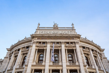 Main facade of the Burgtheater theatre in the city center of Vienna, Austria, with its typical Baroque Austro hungarian facade. It is one of the main theatres and operas of Austrian capital city