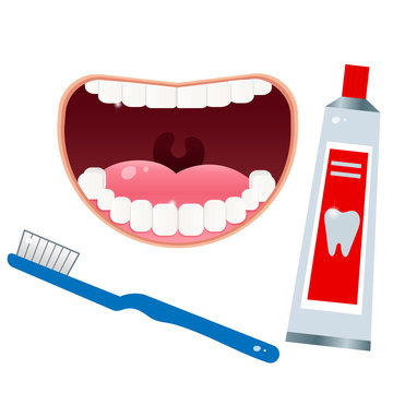 Color images of open mouth with white clean teeth and toothbrush, toothpaste on white background. Health and hygiene. Vector illustration set for dentistry.