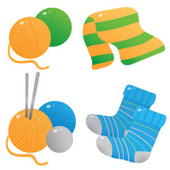 Color image of skeins or balls of yarn with knitting needles on a white background. Knitted socks and scarf. Vector illustration set for handcraft.