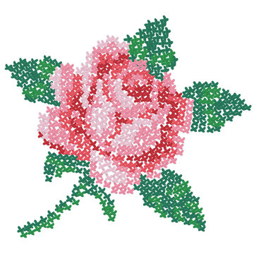 Cross embroidered rose. Color image of on a white background. Needlework. Vector illustration for handcraft.