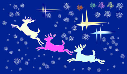 Obraz na płótnie Canvas colored vector-isolated silhouettes of forest reindeer for Santa's Christmas sleigh on blue background, snowflakes and stars.
