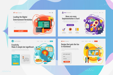 Responsive landing page and one page website design template mockups collection for startup, graphic design, creativity and programming. Flat style vector illustration web page set