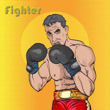 He is the top fighter.A formidable young man in the boxing platform.Pop art retro comic book cartoon drawing vector illustration kitsch vintage