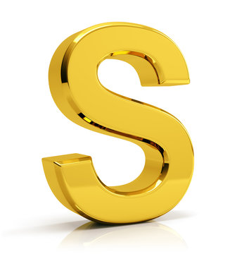 S letter 3d render. Golden letter S isolated on white background.
