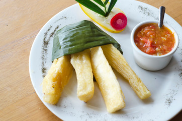 fried cassava accompanied by stew