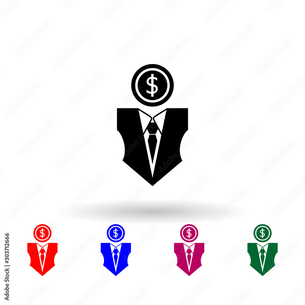 Poster man in a suit head of a coin multi color icon. simple glyph, flat vector of communism capitalism ico