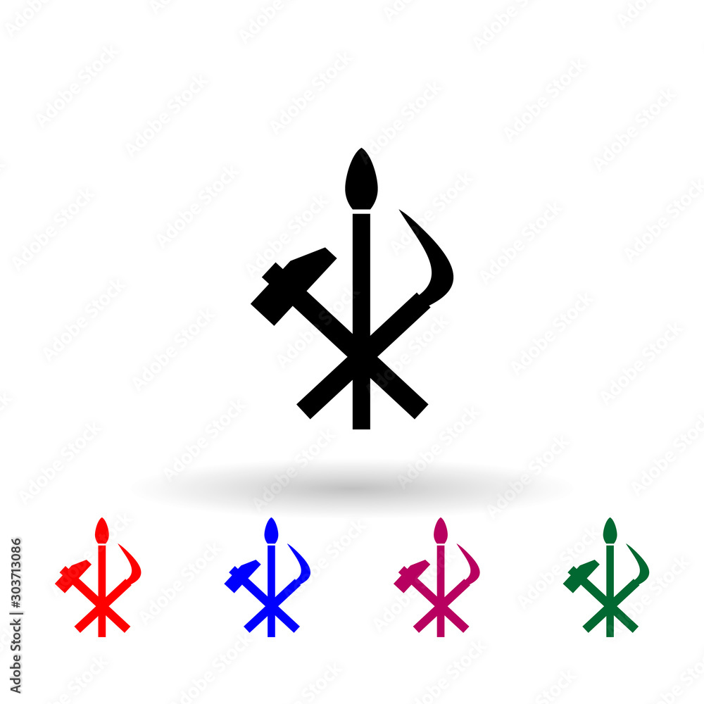 Poster rocket hammer spit multi color icon. simple glyph, flat vector of communism capitalism icons for ui 
