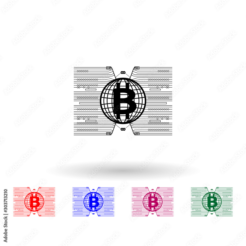 Poster bitcoin around the world multi color icon. simple glyph, flat vector of cryptocurrency icons for ui 
