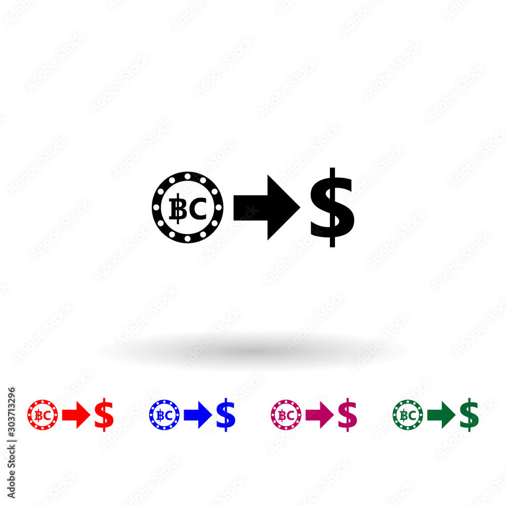 Aufkleber currency exchange symbol with arrow, from bitcoin to dollar multi color icon. simple glyph, flat vec