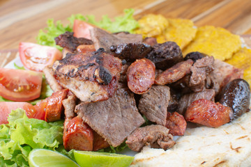 steak mix, salad and fried banana with stew