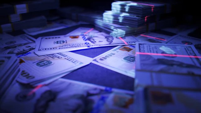 American Dollars Checked By The UV Light Detector. Searching For Fake Money. 4K