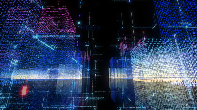 3D Digital looping Technology Network Big Data hologram city background.