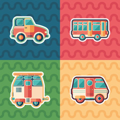 Retro cars and buses sticker flat icon set.