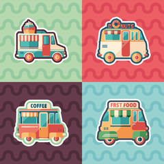 Fast food vans sticker flat icon set.