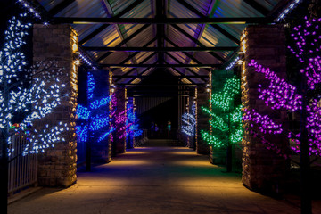 Covered walkway adorned with colorful Holiday Christmas Trees, centered room for text copy