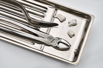 Dental instruments lying in chrome medical tray