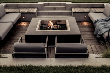 Outdoor zone for relax with burning fire pit - obrazy, fototapety, plakaty