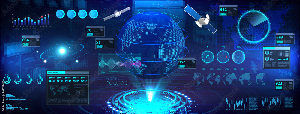 Poster earth globe in hud, ui, gui style. futuristic world map hologram with interface. сontrol center dash