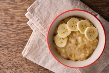 mashed bananas in bowl and copy space .topview food