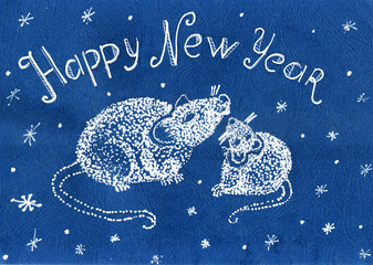 Christmas card with white mice on a blue background