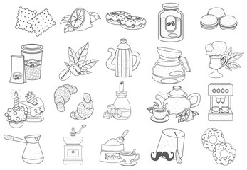 Coffee theme set of icons. Drinks and food. Outline drawings.