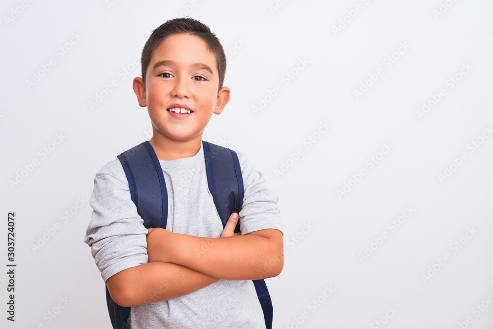 Poster beautiful student kid boy wearing backpack standing over isolated white background happy face smilin