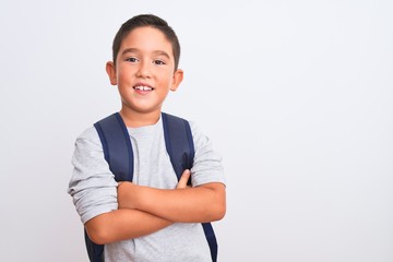 Beautiful student kid boy wearing backpack standing over isolated white background happy face...